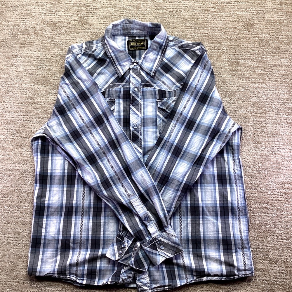 Red Snap Mens 2XL Western Pearl Snap Shirt Blue Plaid Embroidered Cotton